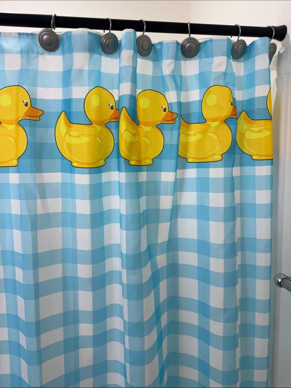 Bright Yellow Rubber Duck Shower Curtain on Blue Gingham